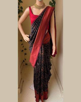 Black red silk blend jacuard work festival saree with unstitched blouse piece 1