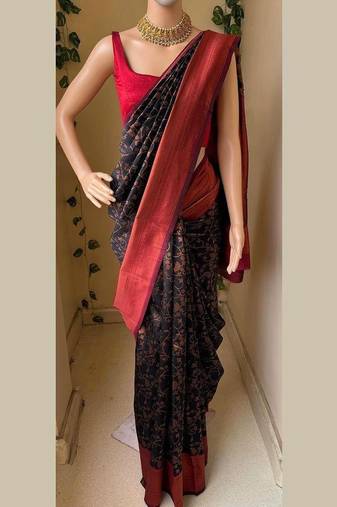 Black red silk blend jacuard work festival saree with unstitched blouse piece