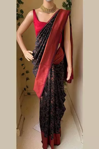 Black red silk blend jacuard work festival saree with unstitched blouse piece
