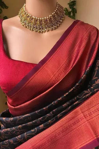 Black red silk blend jacuard work festival saree with unstitched blouse piece