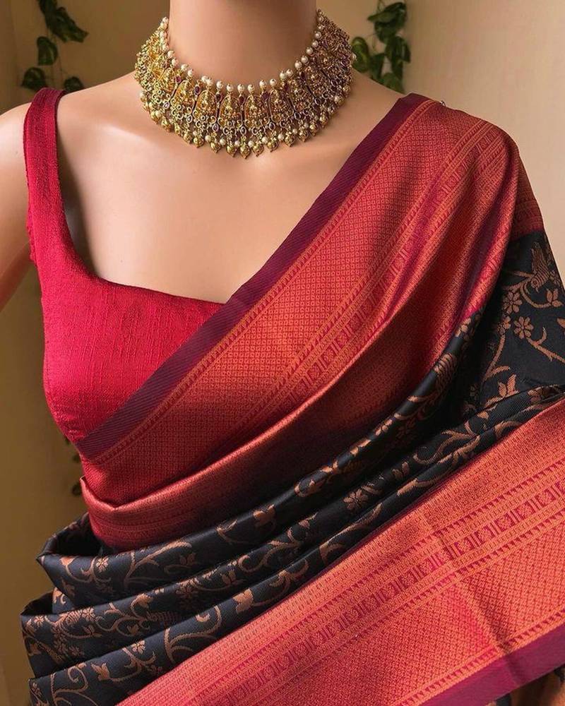 Black red silk blend jacuard work festival saree with unstitched blouse piece
