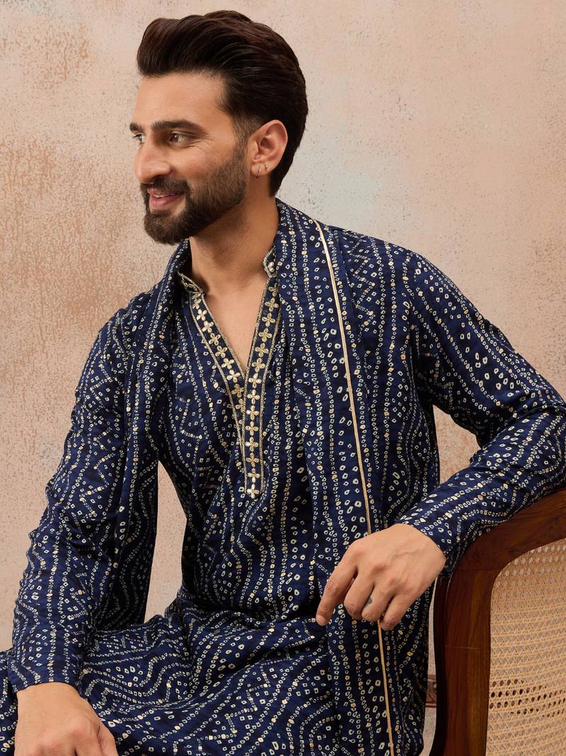 Men's blue viscose rayon bandhani printed kurta with dupatta | traditional ethnic kurta set | festive & wedding wear