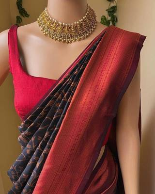 Black red silk blend jacuard work festival saree with unstitched blouse piece 3