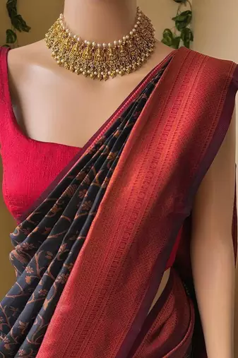 Black red silk blend jacuard work festival saree with unstitched blouse piece