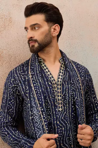 Men's blue viscose rayon bandhani printed kurta with dupatta | traditional ethnic kurta set | festive & wedding wear