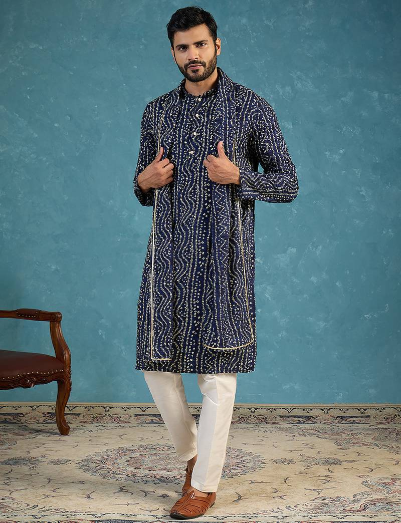 Men's blue viscose rayon bandhani printed kurta with dupatta | traditional ethnic kurta set | festive & wedding wear
