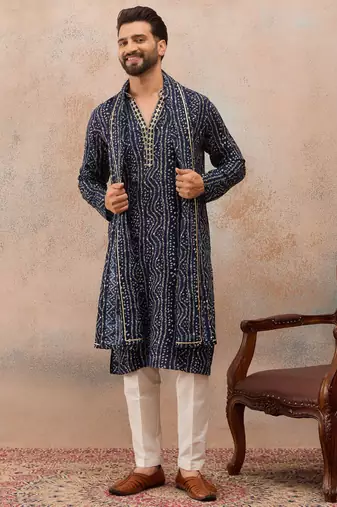 Men's blue viscose rayon bandhani printed kurta with dupatta | traditional ethnic kurta set | festive & wedding wear