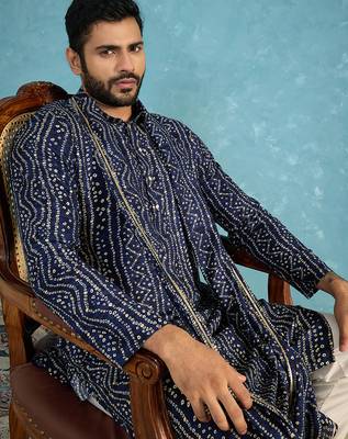 Men's blue viscose rayon bandhani printed kurta with dupatta | traditional ethnic kurta set | festive & wedding wear 3