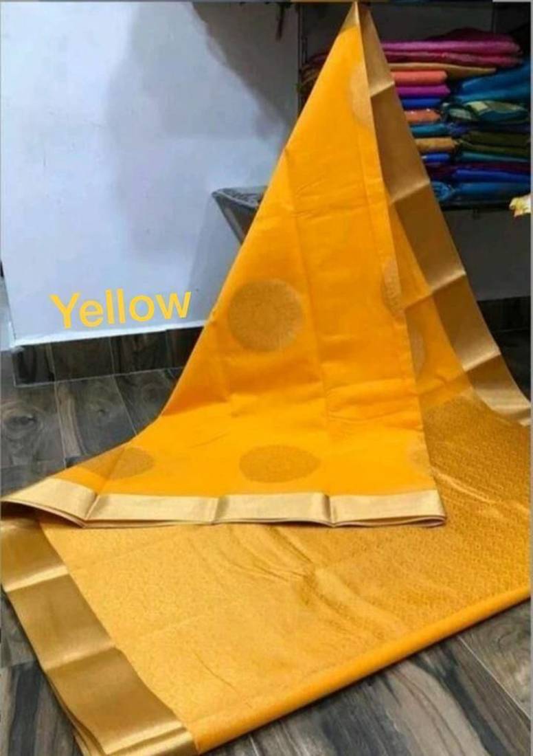 Yellow silk blend jacuard work festival saree with unstitched blouse piece