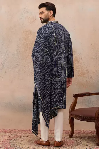 Men's blue viscose rayon bandhani printed kurta with dupatta | traditional ethnic kurta set | festive & wedding wear