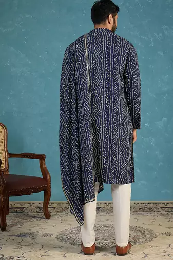 Men's blue viscose rayon bandhani printed kurta with dupatta | traditional ethnic kurta set | festive & wedding wear
