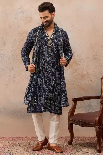 Men's blue viscose rayon bandhani printed kurta with dupatta | traditional ethnic kurta set | festive & wedding wear