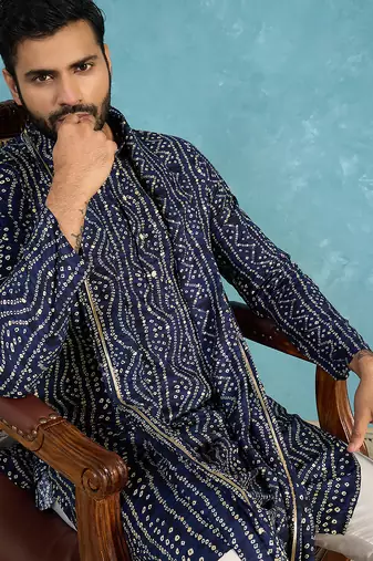 Men's blue viscose rayon bandhani printed kurta with dupatta | traditional ethnic kurta set | festive & wedding wear