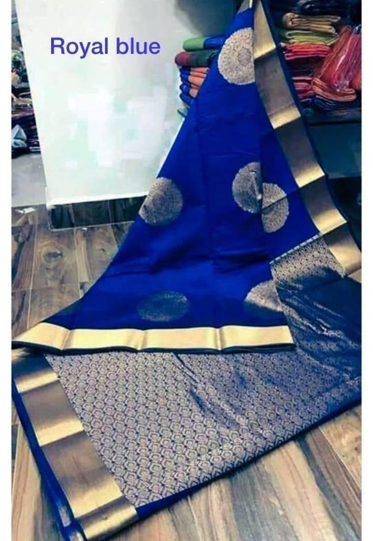 Royal blue silk blend jacuard work festival saree with unstitched blouse piece