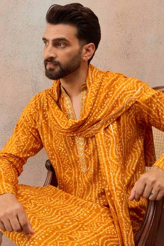 Men's rust viscose rayon bandhani printed kurta with dupatta | traditional ethnic kurta set | festive & wedding wear
