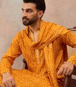 Men's rust viscose rayon bandhani printed kurta with dupatta | traditional ethnic kurta set | festive & wedding wear