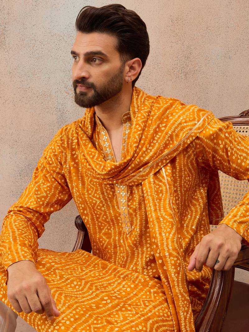 Men's rust viscose rayon bandhani printed kurta with dupatta | traditional ethnic kurta set | festive & wedding wear