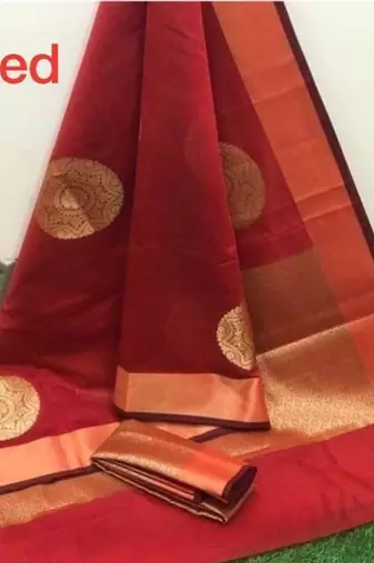 Red silk blend jacuard work festival saree with unstitched blouse piece