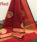 Red silk blend jacuard work festival saree with unstitched blouse piece