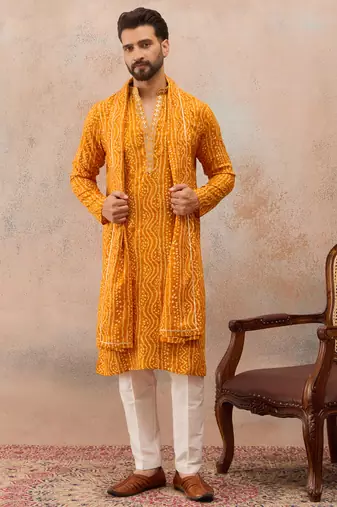 Men's rust viscose rayon bandhani printed kurta with dupatta | traditional ethnic kurta set | festive & wedding wear