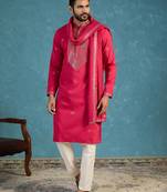 Men's pink silk blend solid embroidered kurta with dupatta | traditional ethnic kurta set | festive & wedding wear
