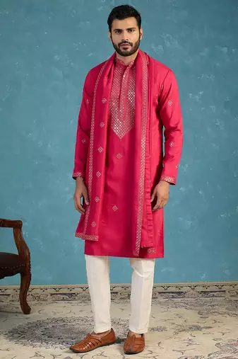 Men's pink silk blend solid embroidered kurta with dupatta | traditional ethnic kurta set | festive & wedding wear