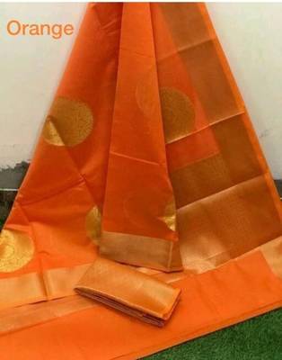 Orange silk blend jacuard work festival saree with unstitched blouse piece 1