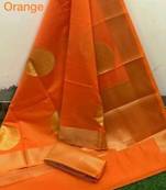 Orange silk blend jacuard work festival saree with unstitched blouse piece