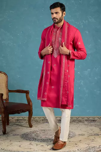 Men's pink silk blend solid embroidered kurta with dupatta | traditional ethnic kurta set | festive & wedding wear