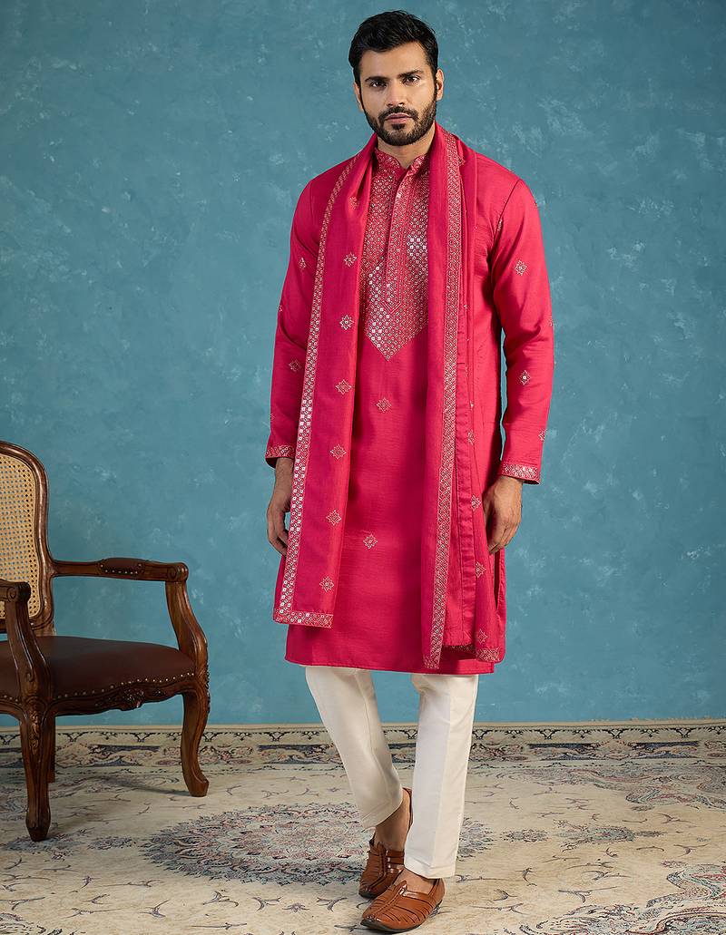 Men's pink silk blend solid embroidered kurta with dupatta | traditional ethnic kurta set | festive & wedding wear