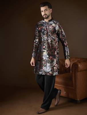 Black velvet geometric printed kurta with trouser set | designer ethnic wear for men 3