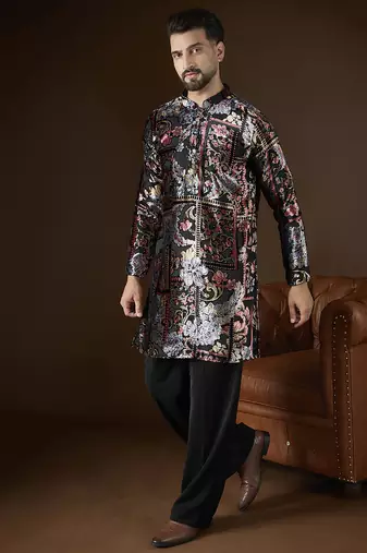 Black velvet geometric printed kurta with trouser set | designer ethnic wear for men