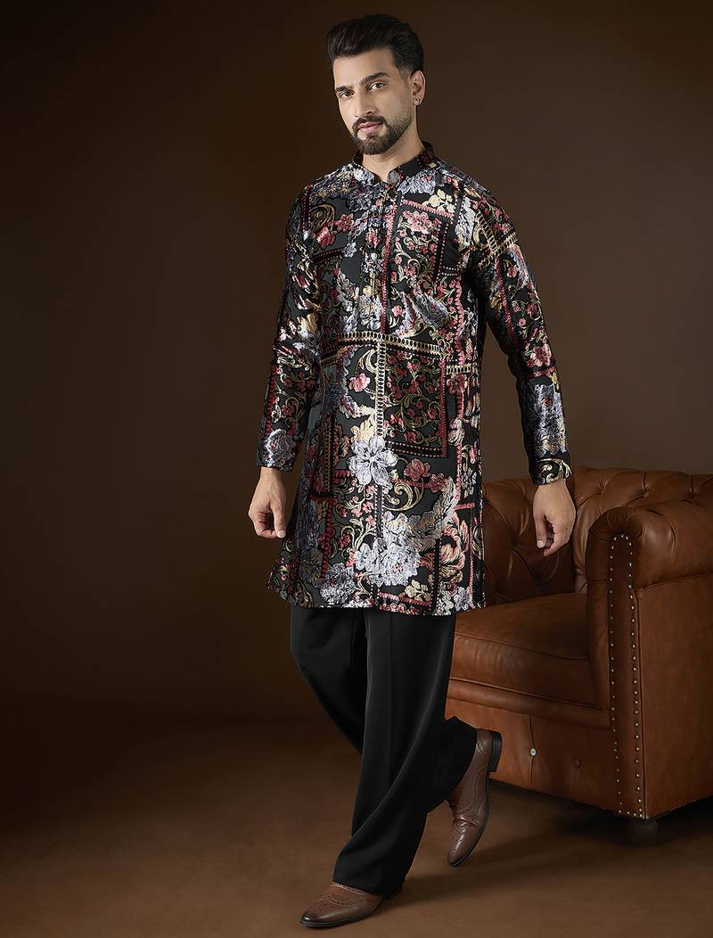 Black velvet geometric printed kurta with trouser set | designer ethnic wear for men