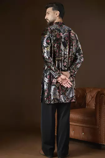 Black velvet geometric printed kurta with trouser set | designer ethnic wear for men