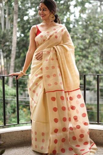 Cream red linen jacuard work festival saree with unstitched blouse piece