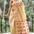 Cream red linen jacuard work festival saree with unstitched blouse piece