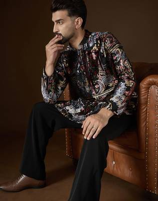 Black velvet geometric printed kurta with trouser set | designer ethnic wear for men 5