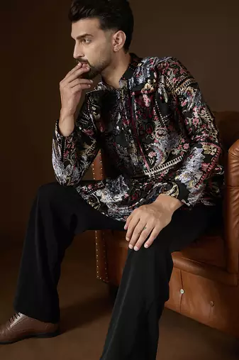 Black velvet geometric printed kurta with trouser set | designer ethnic wear for men