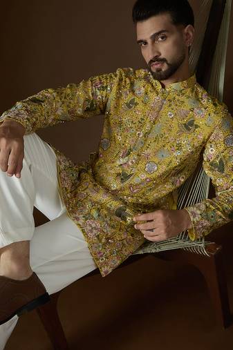 Yellow georgette solid embroidered kurta with trouser set | designer ethnic wear for men