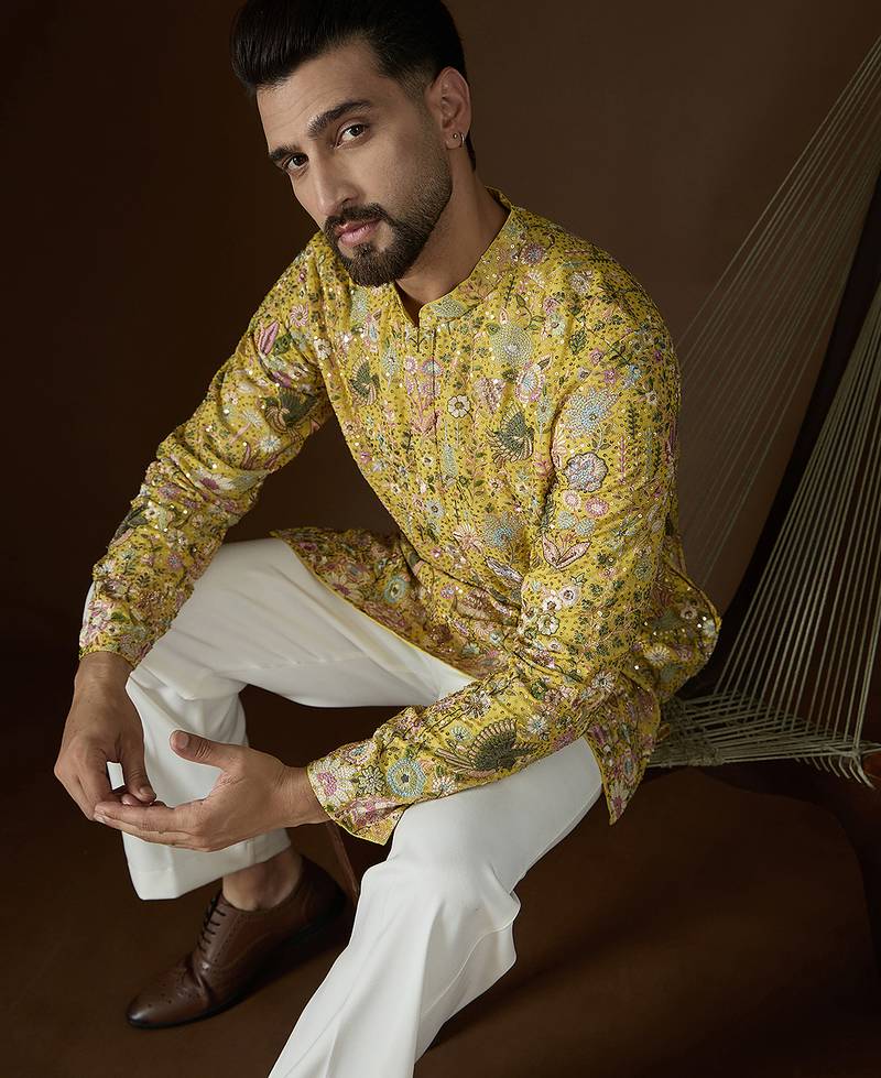 Yellow georgette solid embroidered kurta with trouser set | designer ethnic wear for men
