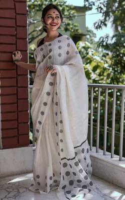 White black linen jacuard work festival saree with unstitched blouse piece 1