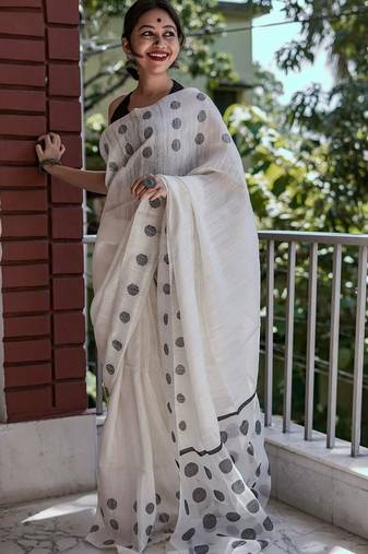 White black linen jacuard work festival saree with unstitched blouse piece