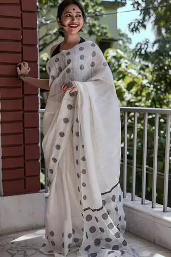 White black linen jacuard work festival saree with unstitched blouse piece