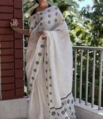 White black linen jacuard work festival saree with unstitched blouse piece