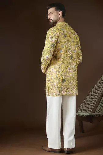 Yellow georgette solid embroidered kurta with trouser set | designer ethnic wear for men