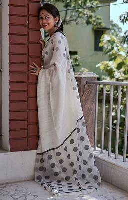 White black linen jacuard work festival saree with unstitched blouse piece 2