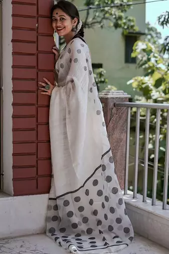 White black linen jacuard work festival saree with unstitched blouse piece