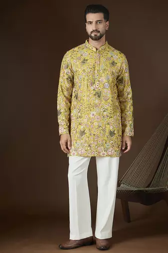 Yellow georgette solid embroidered kurta with trouser set | designer ethnic wear for men
