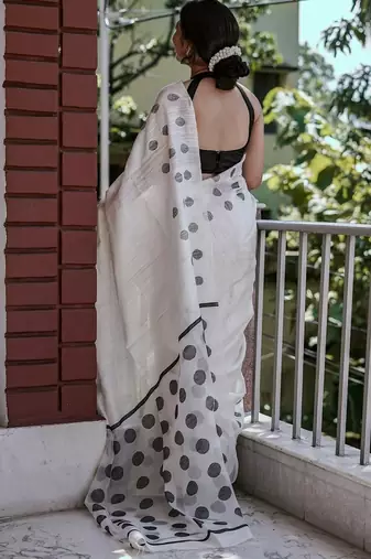 White black linen jacuard work festival saree with unstitched blouse piece