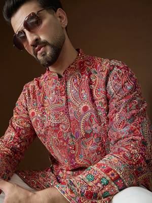 Red georgette solid embroidered kurta with trouser set | designer ethnic wear for men 1